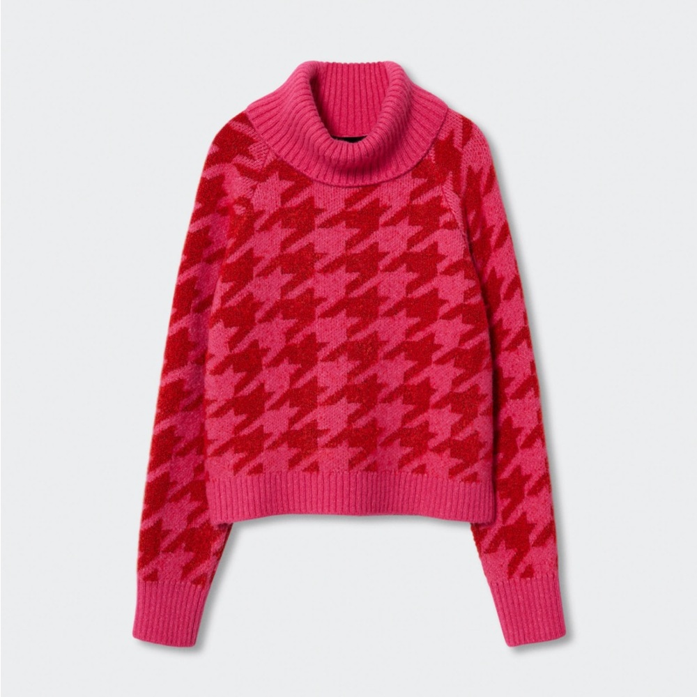 Mango Pink and Red Houndstooth Turtleneck Sweater